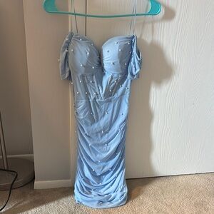 Elegant Blue Dress with Pearl Accents off shoulder